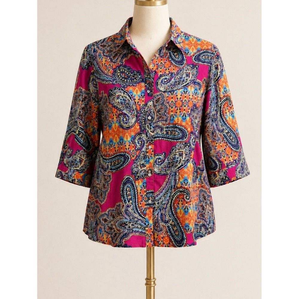LAUREN RL Cotton Button Up Shirt 3X Bold Paisley Aztec Colorful Preppy Heritage
